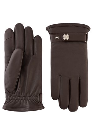 Pair of dark brown leather gloves, one showing palm with elastic wrist, the other showing back with decorative strap and metal button.
