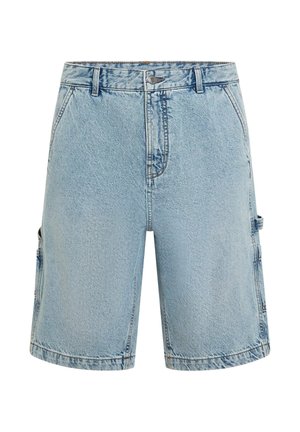 Hele sinised teksariidest cargo lühikesed püksid, mugava lõikega, millel on kaks küljetaskut ja kaks cargo-taskut ning nähtava õmblusega viimistletud.