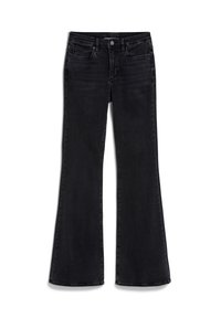 Black denim jeans with a flared leg design, five-pocket style, button closure, and subtle stitching details. Smooth texture, classic cut.