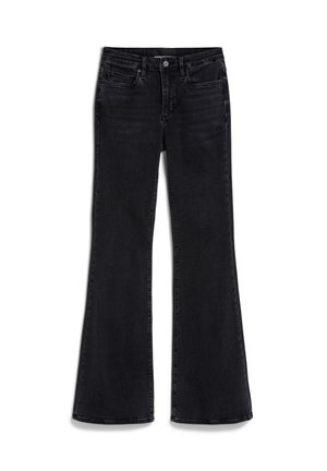 Black denim jeans with a flared leg design, five-pocket style, button closure, and subtle stitching details. Smooth texture, classic cut.