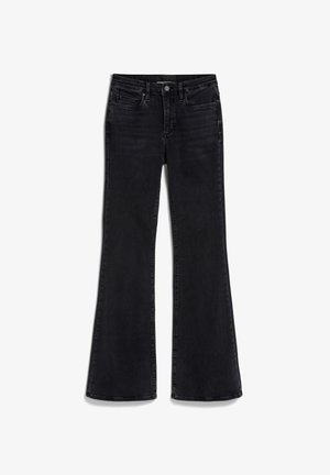 Zwarte denim jeans met een flared leg ontwerp, vijf zakkenstijl, knoopsluiting en subtiele stikdetails. Glad textuur, klassieke snit.