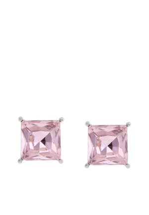 Square pink crystal stud earrings set in silver-tone metal with four prongs for secure holding and a polished finish for shine.