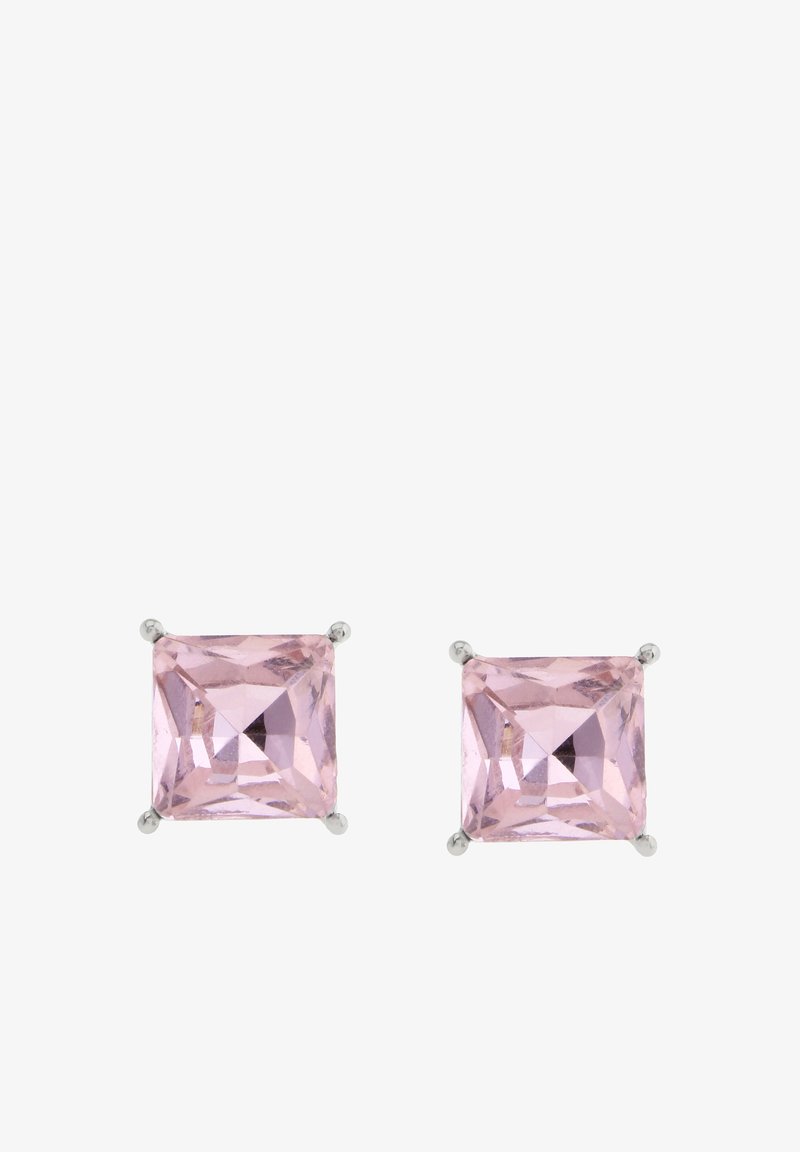 Square pink crystal stud earrings set in silver-tone metal with four prongs for secure holding and a polished finish for shine.
