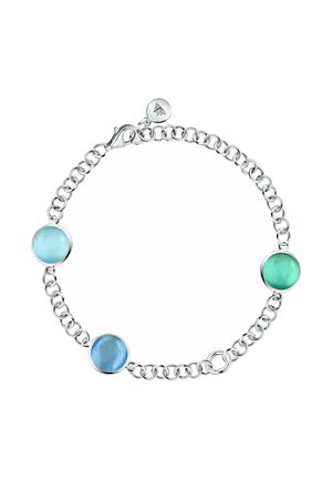 Bracciale a catena in argento con tre pietre preziose rotonde e levigate nei colori azzurro chiaro, azzurro medio e verde, con chiusura a moschettone e piccolo ciondolo logo.