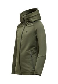 Giacca softshell verde con colletto alto, zip a tutta lunghezza, tasche laterali e cappuccio. Caratterizzata da una texture liscia e un design minimalista.