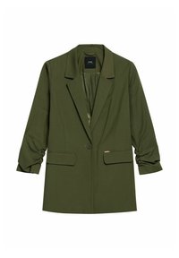 Zielona oliwkowa marynarka z jednym guzikiem, z klapami, marszczonymi rękawami do łokcia, kieszeniami z klapką oraz gładką podszewką.