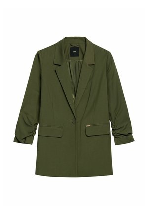 Zielona oliwkowa marynarka z jednym guzikiem, z klapami, marszczonymi rękawami do łokcia, kieszeniami z klapką oraz gładką podszewką.
