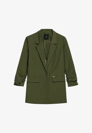 Zielona oliwkowa marynarka z jednym guzikiem, z klapami, marszczonymi rękawami do łokcia, kieszeniami z klapką oraz gładką podszewką.