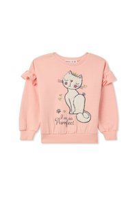 Różowy sweatshirt z falbanami na rękawach, z haftowanym wzorem kota oraz napisem "Jestem tak Purrrfekcyjny" w zabawnym kroju. Miękka struktura materiału.