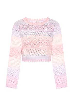 Crochet knit cropped sweater with long sleeves, featuring pastel pink and lavender stripes, intricate patterns, and scalloped edges.