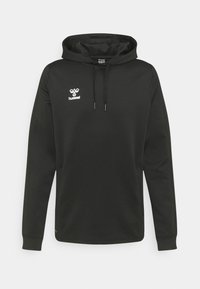 Schwarzer Langarm-Hoodie mit verstellbarer Kordelzug-Kapuze und weißem Hummel-Logo auf der oberen linken Brust.