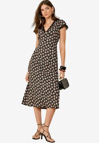 REGULAR FIT - TEXTURED V-NECK TRIM MIDI  - Jurk - black ditsy