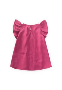 Abito di cotone rosa con maniche a sbuffo, scollatura rotonda e chiusura con bottone sulla schiena. Tessuto morbido e design al ginocchio.