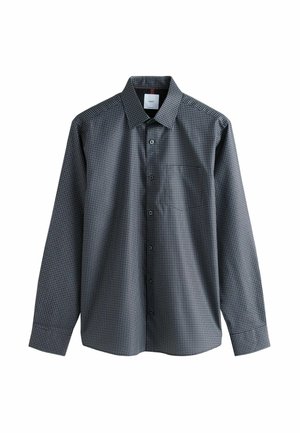 Long-sleeve button-up shirt in dark gray with a grid pattern, featuring a collar, front pocket, and subtle texture. Fabric is smooth and lightweight.