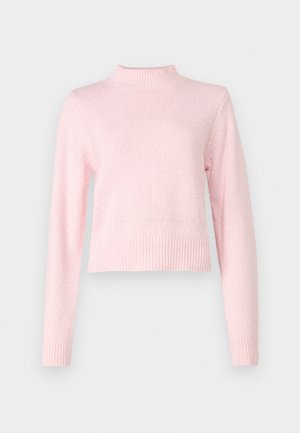 Helles pinkes Sweatshirt mit hohem Kragen und langen Ärmeln. Hergestellt aus weichem Material, mit ribbeligem Saum und Bündchen für eine enganliegende Passform.
