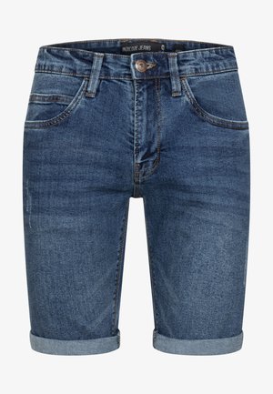Denim-Shorts in einer dunkelblauen Waschung, mit einem klassischen Fünf-Taschen-Design, umgeschlagenen Säumen und einem Metallknopfverschluss.