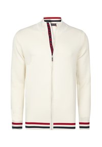 Cardigan bianco in tessuto a zip con polsini e colletto a righe rosse, nere e bianche, caratterizzato da una parte anteriore con zip parziale e rifinitura con logo.