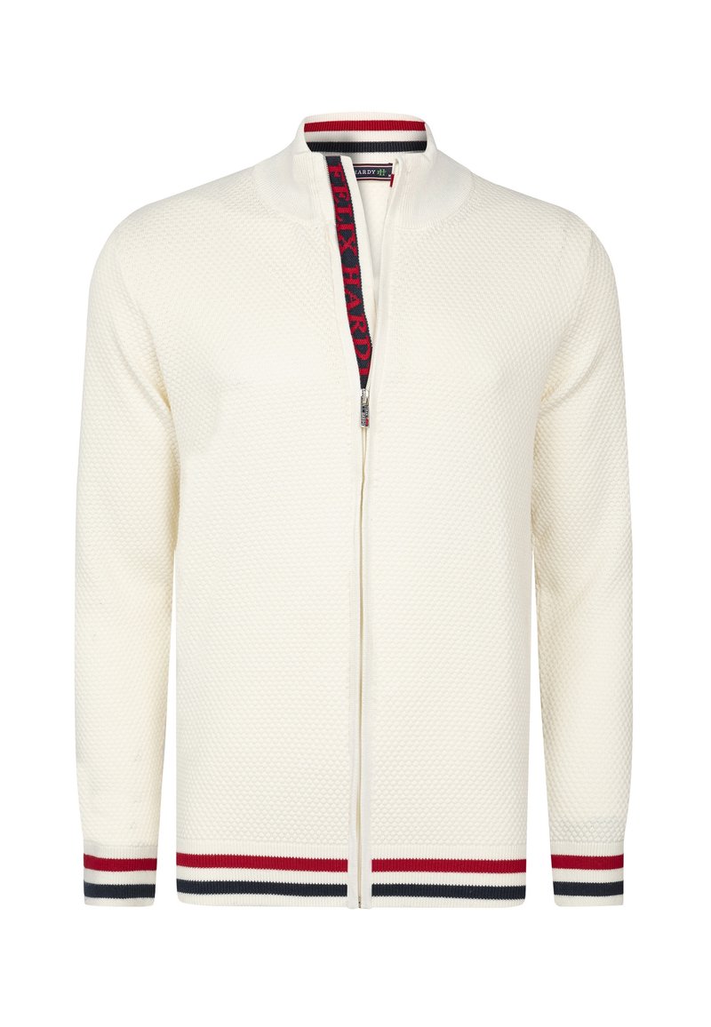 Cardigan bianco in tessuto a zip con polsini e colletto a righe rosse, nere e bianche, caratterizzato da una parte anteriore con zip parziale e rifinitura con logo.