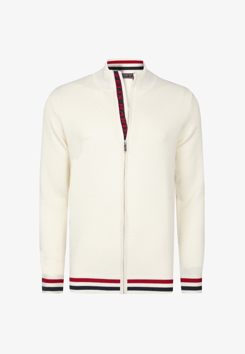 Weiße, strukturierte Zip-Cardigan mit rot, schwarz und weißen gestreiften Bündchen und Kragen, ausgestattet mit einem teilweise gezippten Vorderteil und Logo-Besatz.