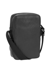 Svart läder axelväska med rektangulär form, dragkedjestängning, texturerad yta och avtagbar tygrem.