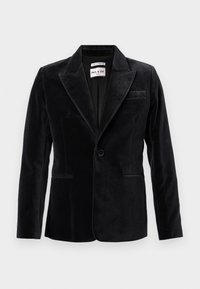 Juodas aksominis darbingas švarkas su išpjautomis apykaklėmis, vieno mygtuko užsegimu ir dviem priekinėmis kišenėmis. Glotni tekstūra ir pritaikytas siluetas. Viduje matomas etiketas.