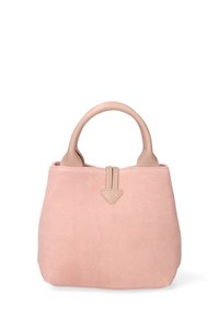 Sac à main en daim rose clair avec des poignées en cuir arrondies, détail triangulaire à l'avant et une forme compacte. Texture lisse, design minimaliste.