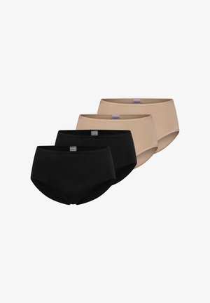 Deux paires de culottes taille haute pour femmes en beige côtelé et deux paires en noir lisse, disposées en rangée décalée.