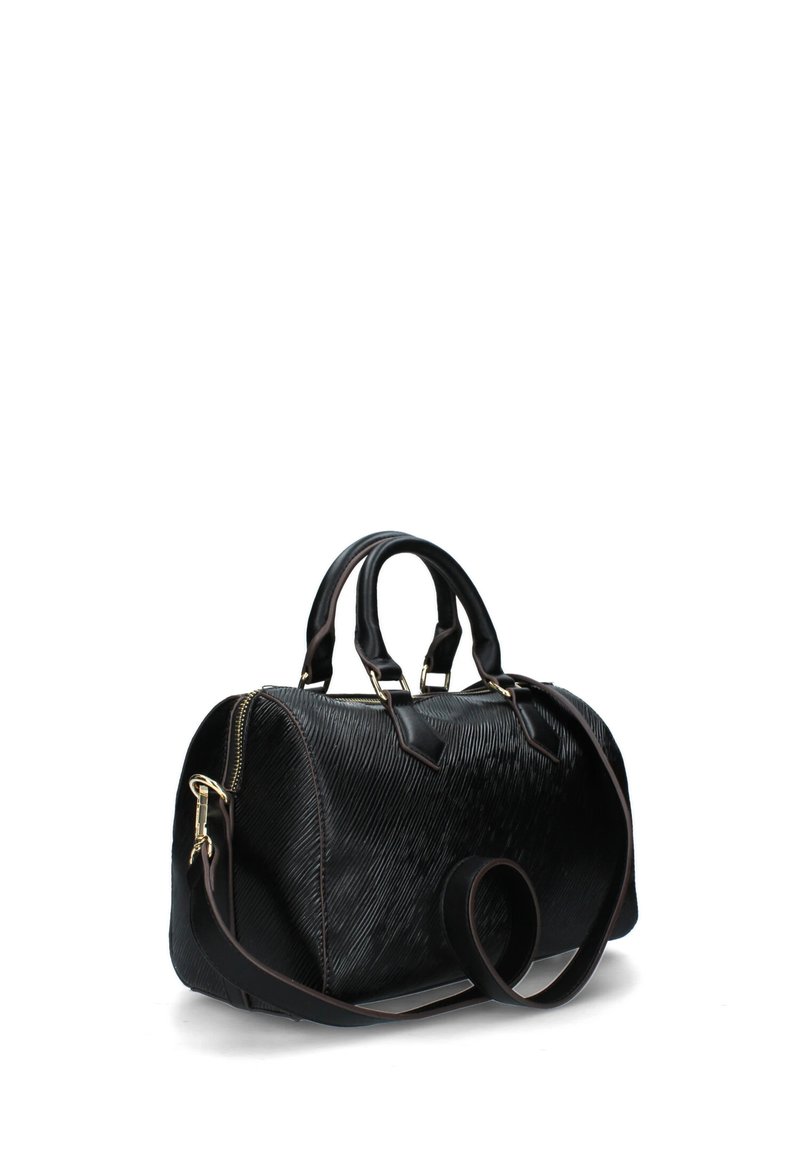 Sac à main noir en matériau texturé, forme structurée, double poignée supérieure et une bandoulière amovible. Zip et accents en ton doré.