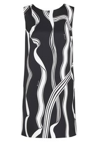 Mustaton hihaton mekko, jossa on valkoisia aaltoilevia viivoja. Kankaalla on sileä rakenne ja virtaviivainen muoto, ilman näkyviä kiinnityksiä tai koristeluja.