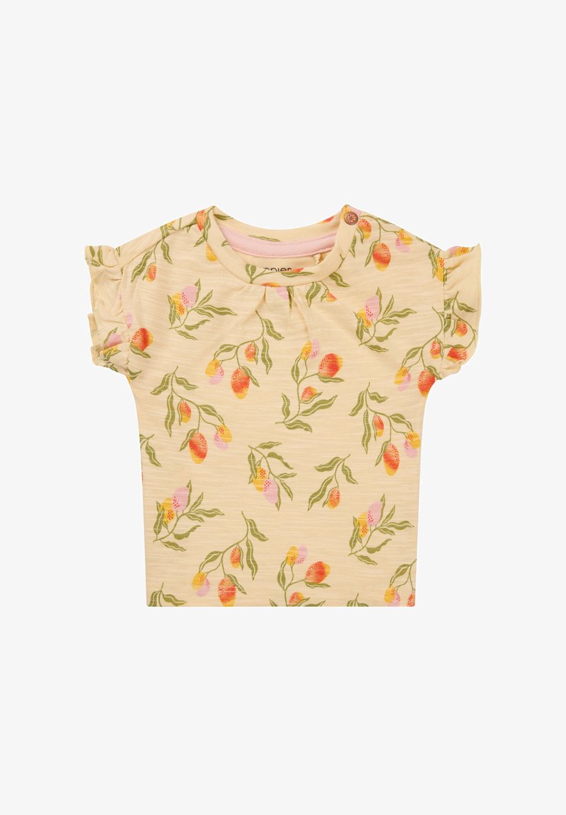 Lichtgele shirt met korte mouwen met een bloemenpatroon, featuring oranje en roze bloemen, groene bladeren en gerimpelde mouwen.
