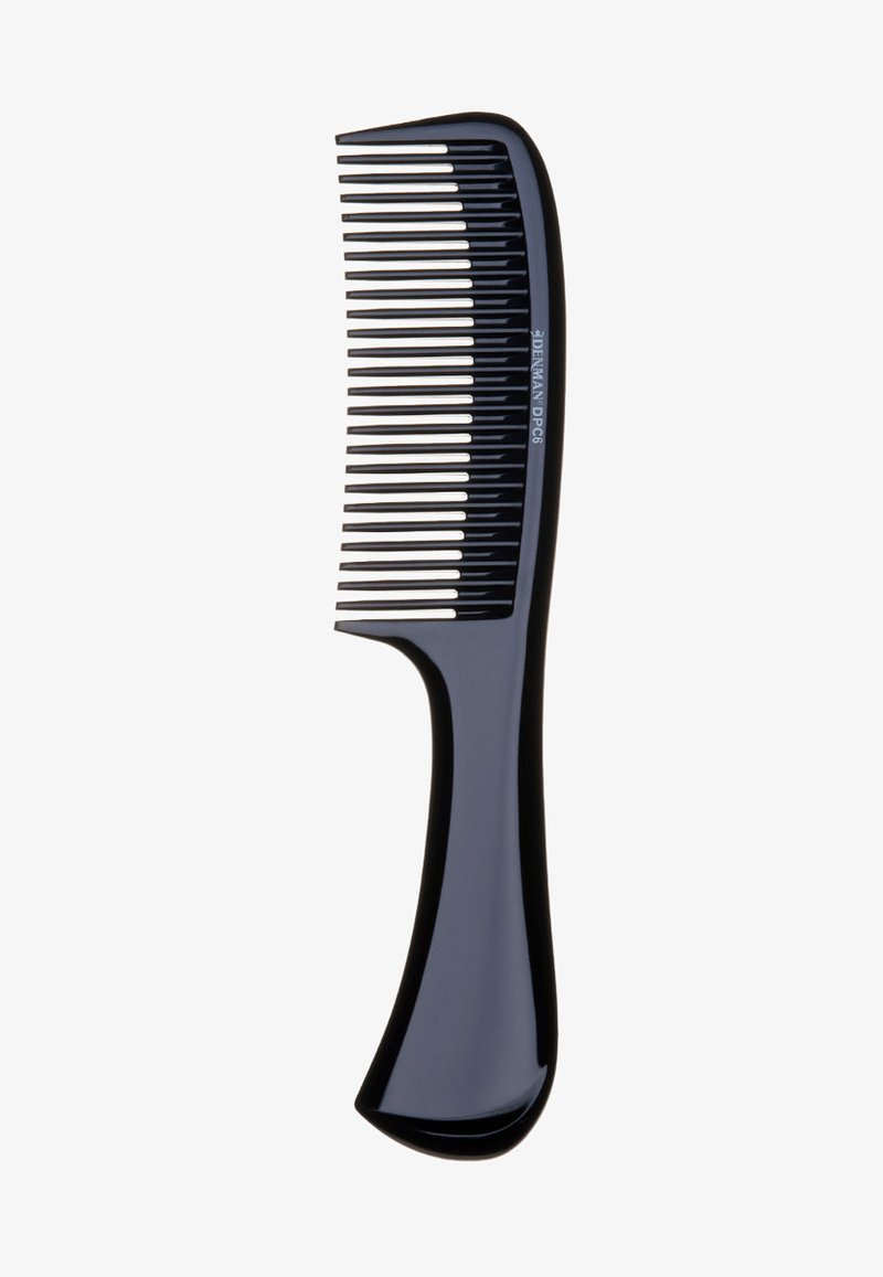Black plastic comb with wide and narrow teeth, curved handle, smooth texture, and embossed logo along the side.