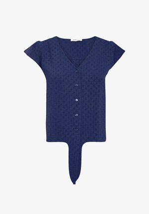 Granatowa bluzka z krótkim rękawem, z dekoltem w kształcie litery V, z zapinaniem na guziki, teksturowanym materiałem oraz ostrym wykończeniem na dole.