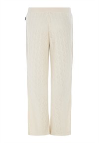 Creme kleurige gebreide loungebroek met een ruitpatroon, voorzien van een brede tailleband en een recht model. Getextureerd, zacht materiaal.