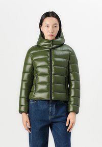 Groene pufferjack met een glanzende afwerking, voorzien van horizontaal gestikte secties, een hoge kraag en een ritssluiting aan de voorkant.