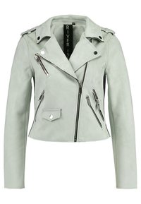 Ljusgrön fusk läder bikerjacka med asymmetrisk dragkedja, silverfärgad detaljer, slagkrage och en kort skuren design med flera dragkedjefickor.