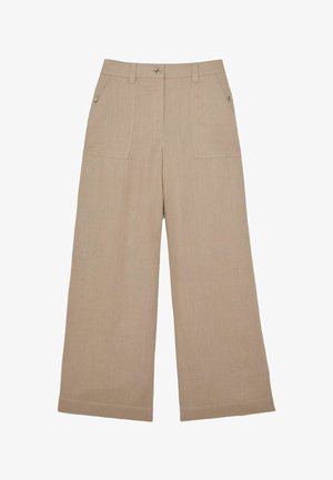 Pantaloni bej cu croială largă, cu buzunare aplicate în față, bucle pentru curea, talie cu nasturi și nasturi laterali pe buzunare.