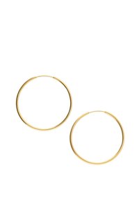 Orecchini a cerchio in oro, forma circolare, finitura metallica liscia, design sottile con chiusura senza soluzione di continuità, che riflette la luce in modo sottile.