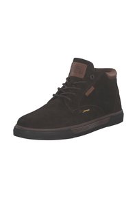 Stivaletti ankle in suede marrone con dettagli in pelle marrone, punta tonda, allacciatura frontale e suola in gomma testurizzata. Presentano dettagli cuciti.