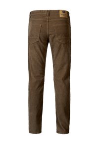 Bruine corduroy broek met een rechte pasvorm, uitgerust met achterzakken en een merkleren label op de tailleband. Geweven ribstof.
