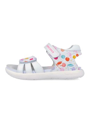 Sandalo bianco da bambino con motivi circolari multicolori, due cinturini regolabili e suola imbottita per comfort e supporto.