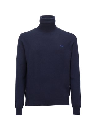 Námornícky modrý rolák vyrobený z mäkkej tkaniny, s ribovaným golierom a manžetami, s malým modrým logom na hrudi.