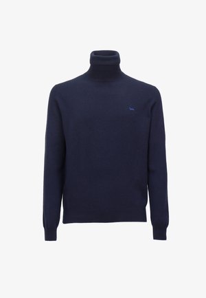 Temno modra pulover s turtleneck ovratnikom iz mehkega materiala, z rebrastim ovratnikom in manšetami ter majhnim modrim logotipom na prsih.