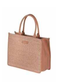 Sac fourre-tout en matière tissée rose clair avec des accents en cuir lisse. Dispose de deux poignées et d'une étiquette de marque à l'avant. Forme rectangulaire.