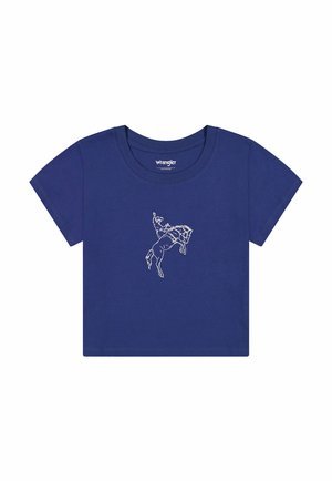 T-shirt corta di colore blu navy con maniche corte e disegno a linea bianca di un cowboy che cavalca un cavallo imbizzarrito centrato sul davanti.