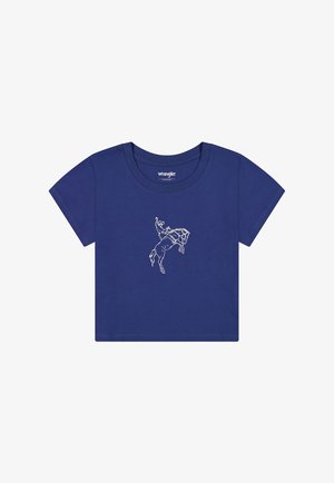 T-shirt corta di colore blu navy con maniche corte e disegno a linea bianca di un cowboy che cavalca un cavallo imbizzarrito centrato sul davanti.