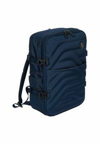 Zaino blu navy realizzato in tessuto texturizzato, con un motivo a onde, multiple cerniere, tasche laterali e spallacci regolabili.