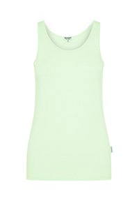 Hellgrünes Tanktop aus glattem, elastischem Stoff. Verfügt über einen runden Halsausschnitt und keine Ärmel, mit einem kleinen Markenetikett an der Seite.