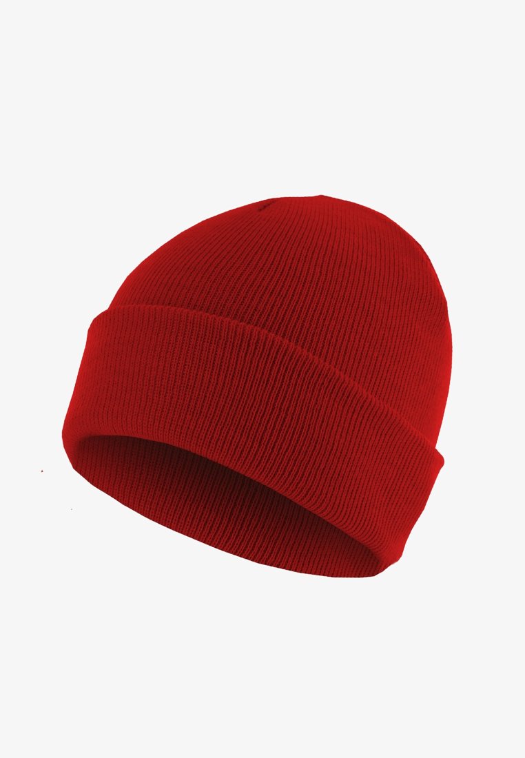 Red knit beanie with a textured, ribbed pattern and a folded cuff. Made of soft fabric, it has a rounded top.