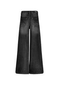 Mustat, leveät farkut joissa on haalistunut pesu, varustettu kahdella takataskulla ja logolla vyötäröllä. Kangas on tukevaa.