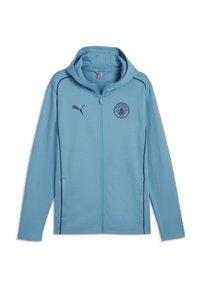 Lyseblå zip-up hoodie med hætte, sorte detaljer og et Manchester City-logo på brystet. Lavet af blødt stof.